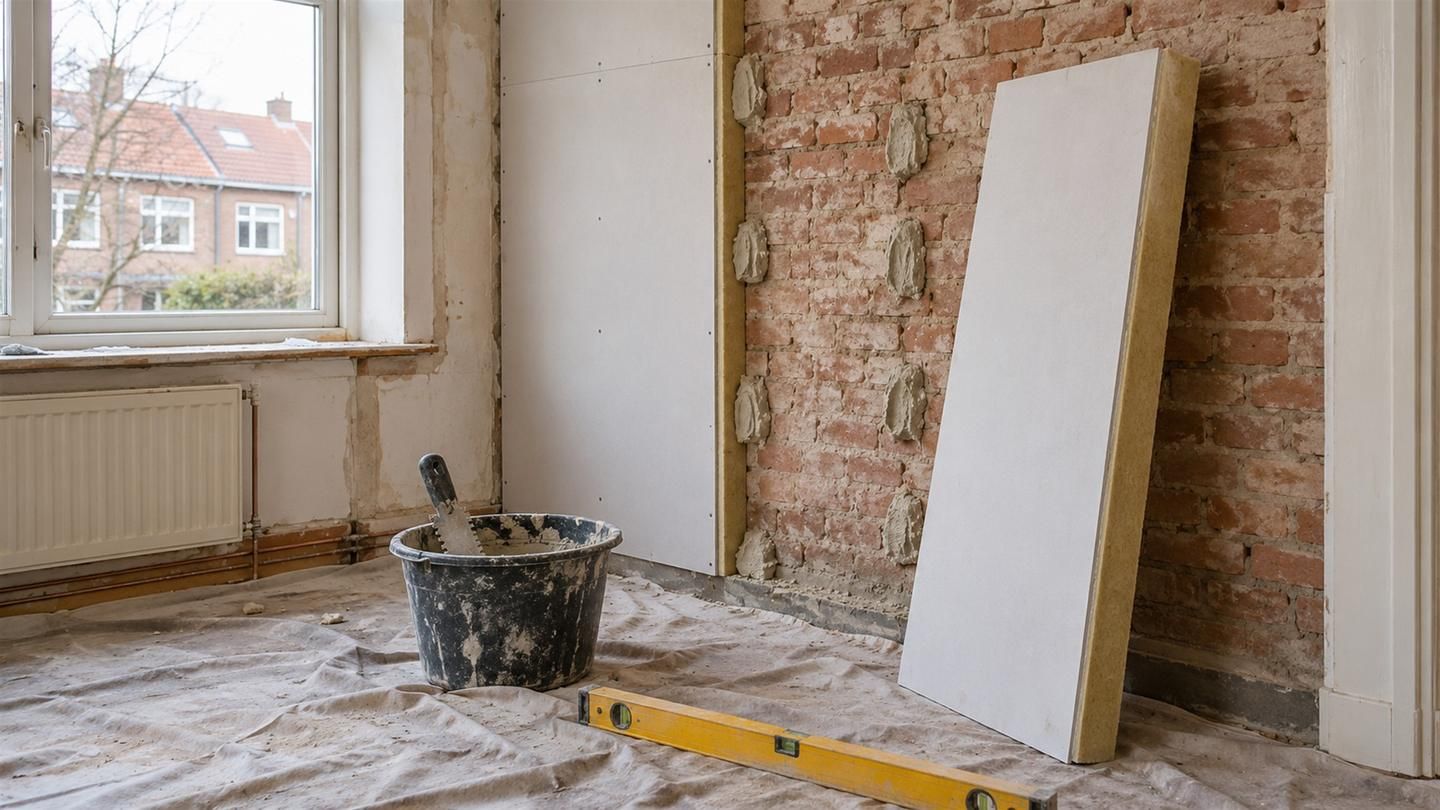 Gipsplaat met isolatielaag tegen een buitenmuur in een slaapkamer, de volgende plaat staat klaar bij de lijmtoppen
