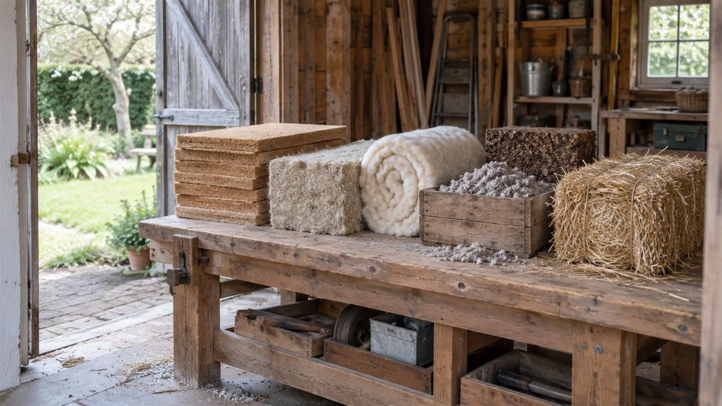 Houtvezelplaten, hennep, schapenwol, cellulosevlokken, kurk en stro naast elkaar op een houten werkbank