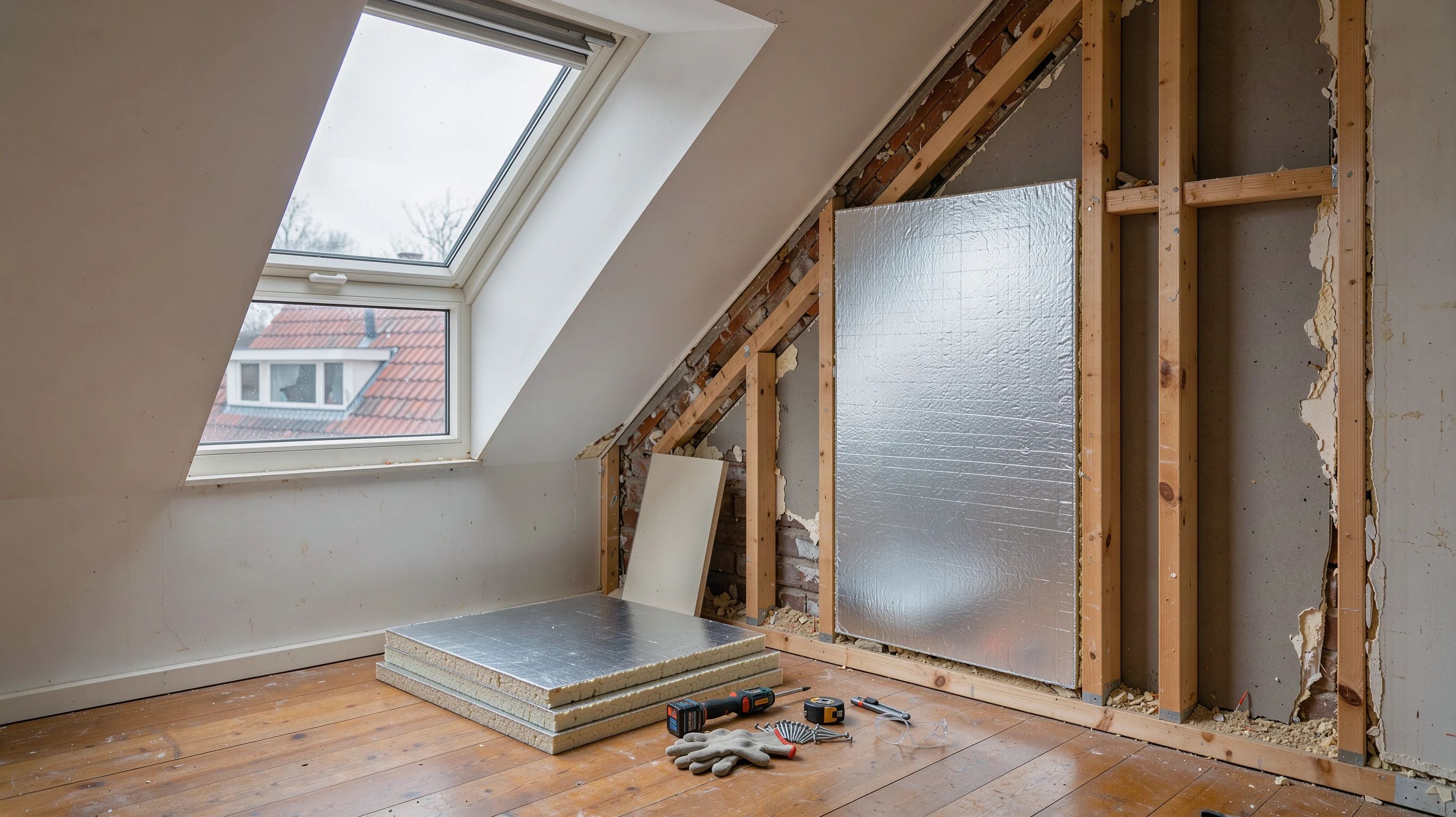 Zijwang van een dakkapel met PIR-platen tussen de houten stijlen, het laatste vak nog open