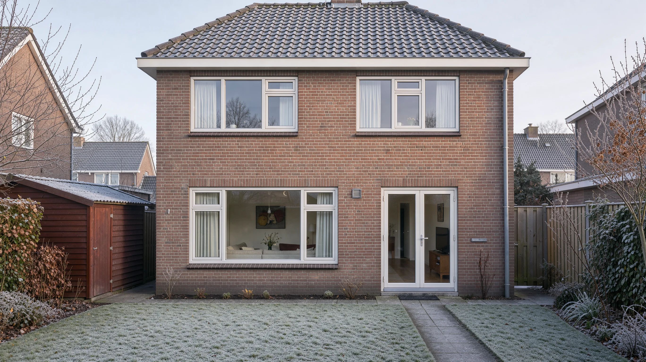 Achtergevel van een jarendertigwoning met ramen van isolatieglas in witte houten kozijnen, met rijp op het gras