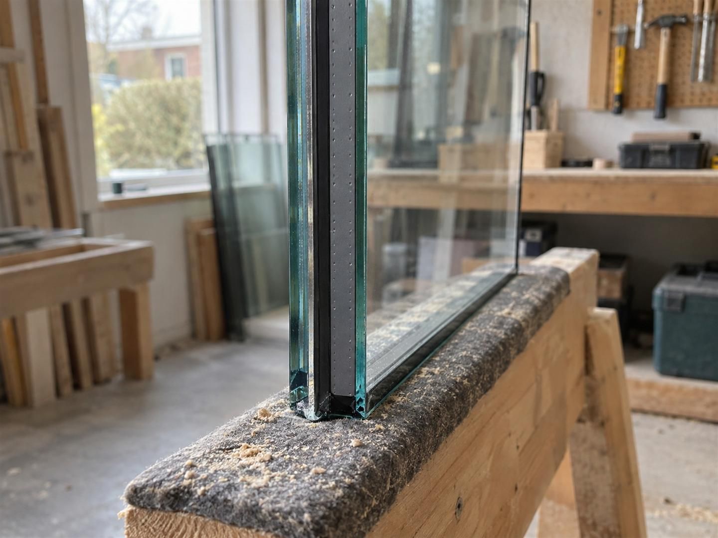 Rand van een dubbele isolatieglasruit met twee glasplaten, een smalle spouw en een donkere afstandhouder
