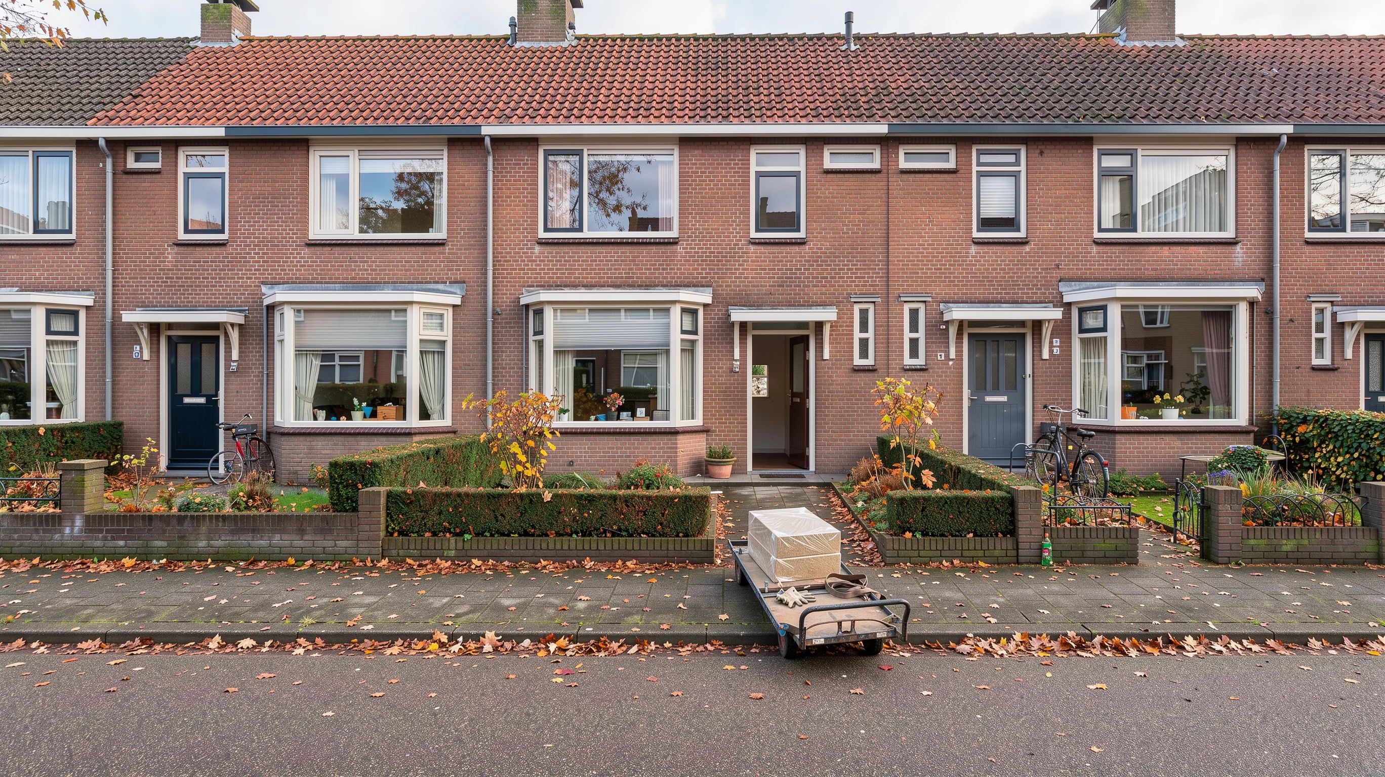 Isolatieplaten op een transportwagen voor een bakstenen rijtjeshuis in de herfst.