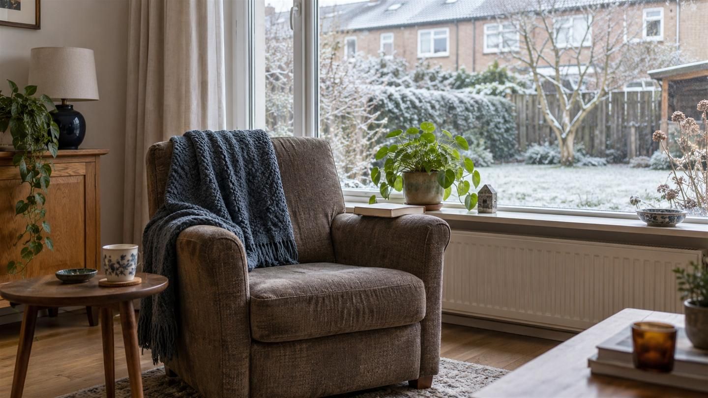 Leunstoel met een opengeslagen boek vlak bij een groot raam met dubbel glas, buiten een tuin wit van de rijp