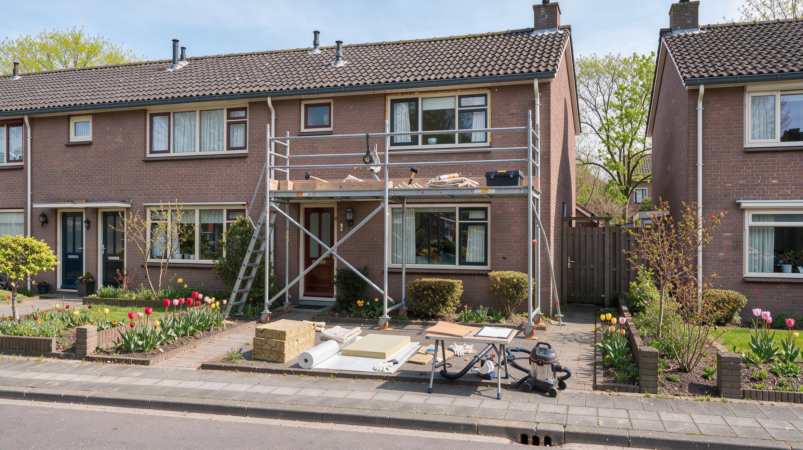 Rijtjeshuis met steiger en een nieuwe ruit klaar voor plaatsing, in de voortuin isolatieplaten en een map