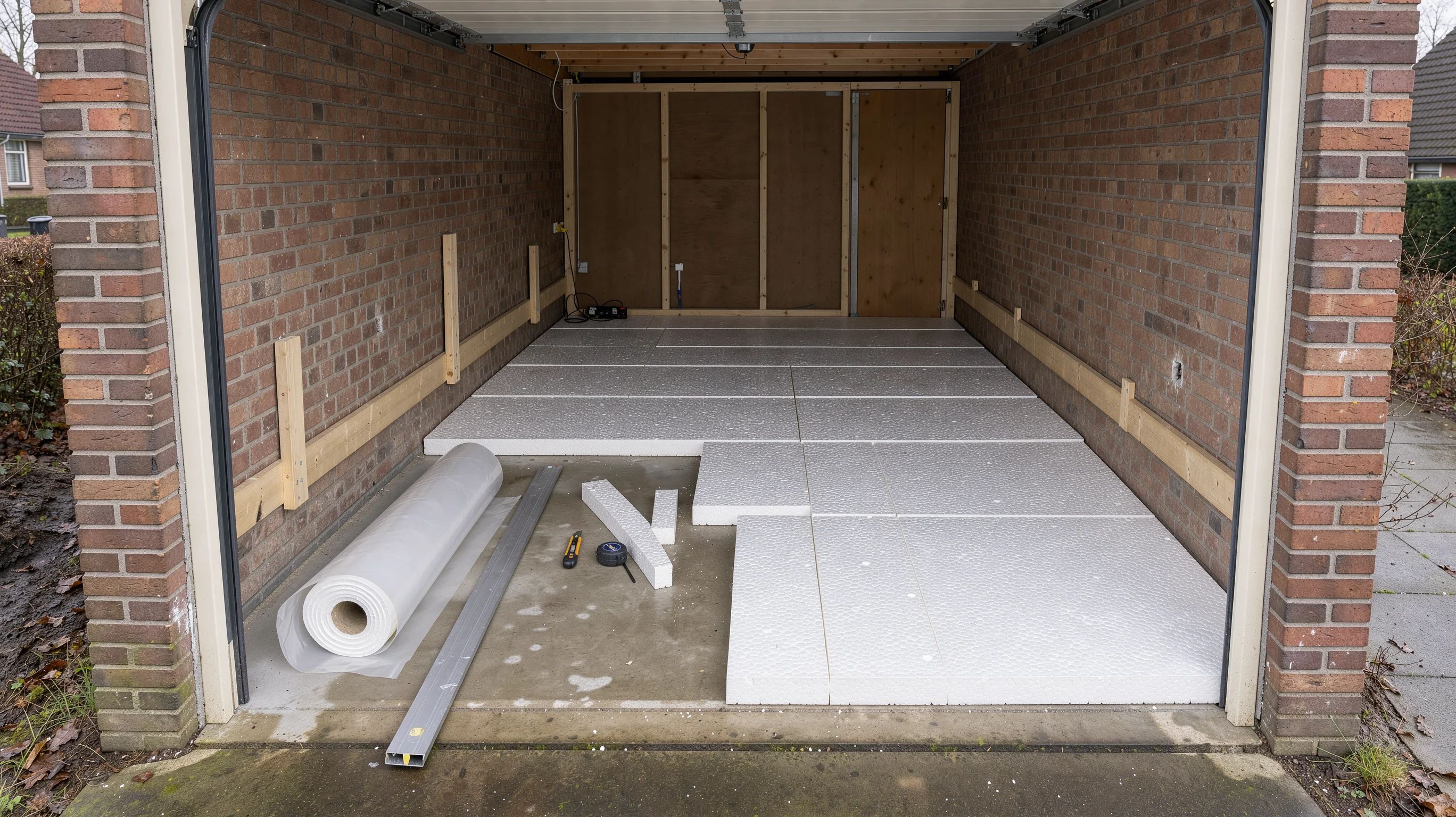 Witte EPS-isolatieplaten deels gelegd op de betonvloer van een garage die een woonruimte wordt