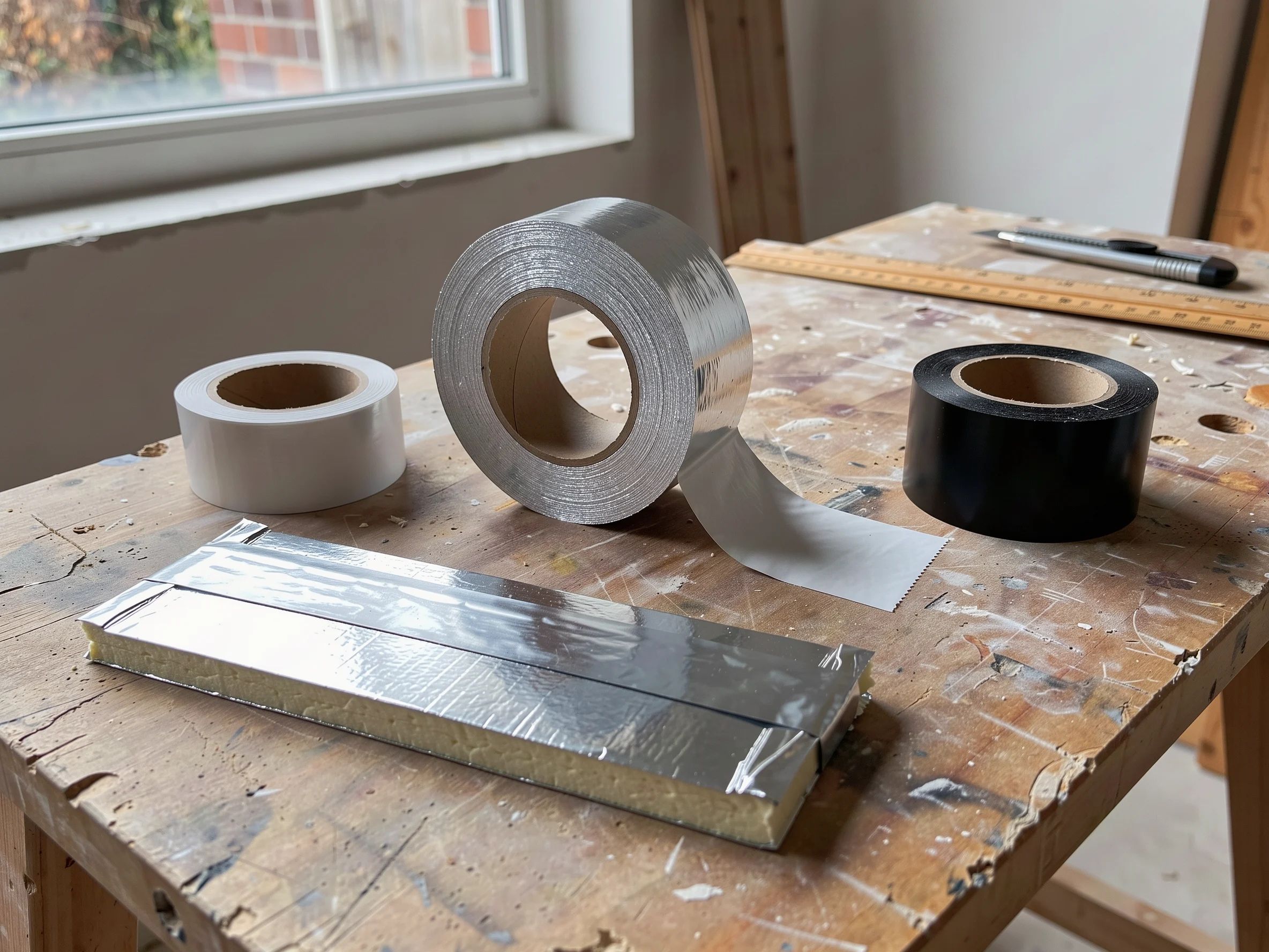 Rollen zilverkleurige aluminium tape en witte en zwarte tape op een werkbank, naast een stukje PIR-plaat