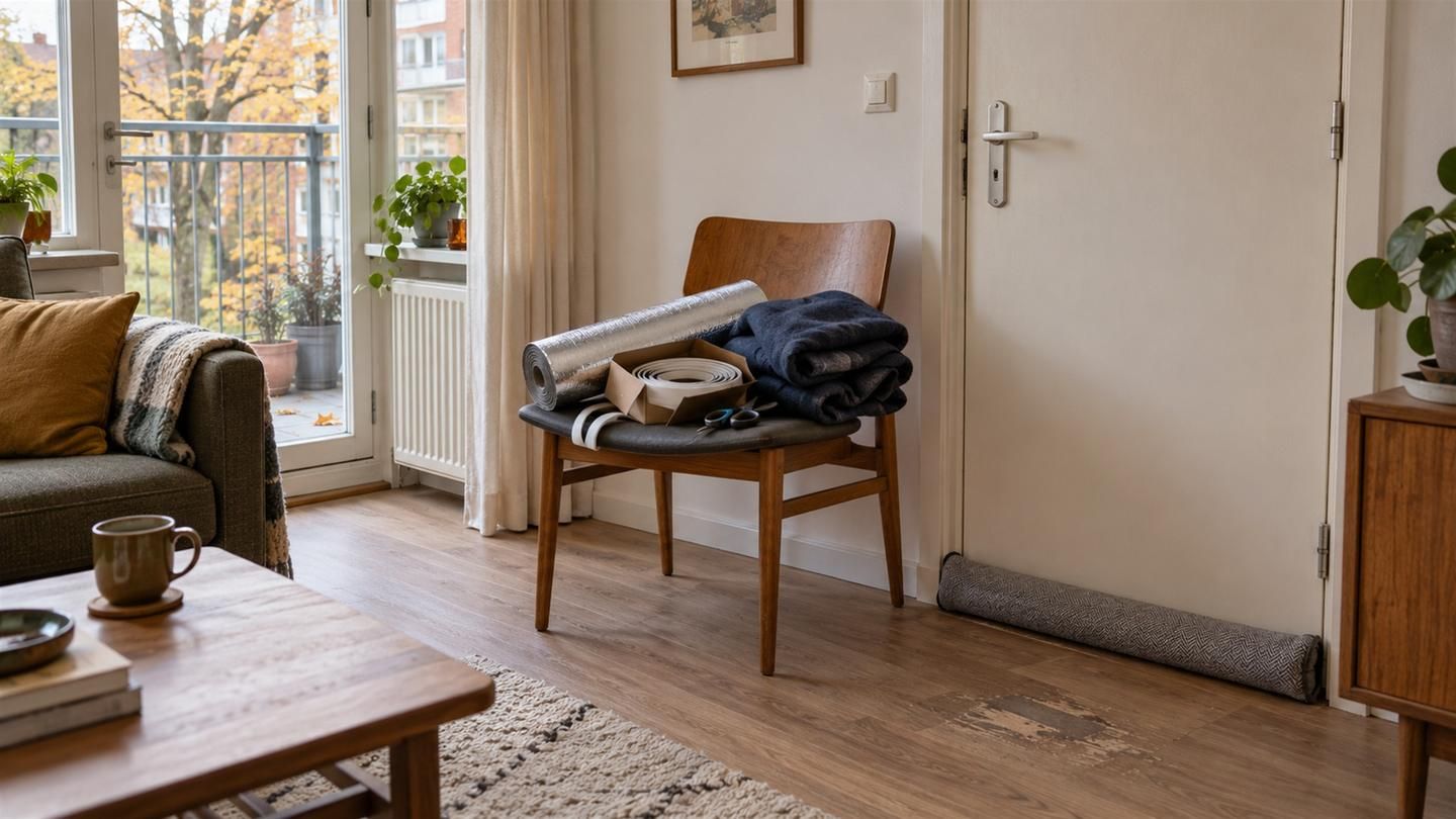 Tochtrol tegen de deur van een flatwoning, met radiatorfolie, tochtstrips en een gordijn op een stoel