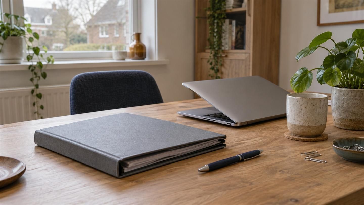 Een dichte documentmap, een pen en een half dichtgeklapte laptop op een opgeruimd bureau