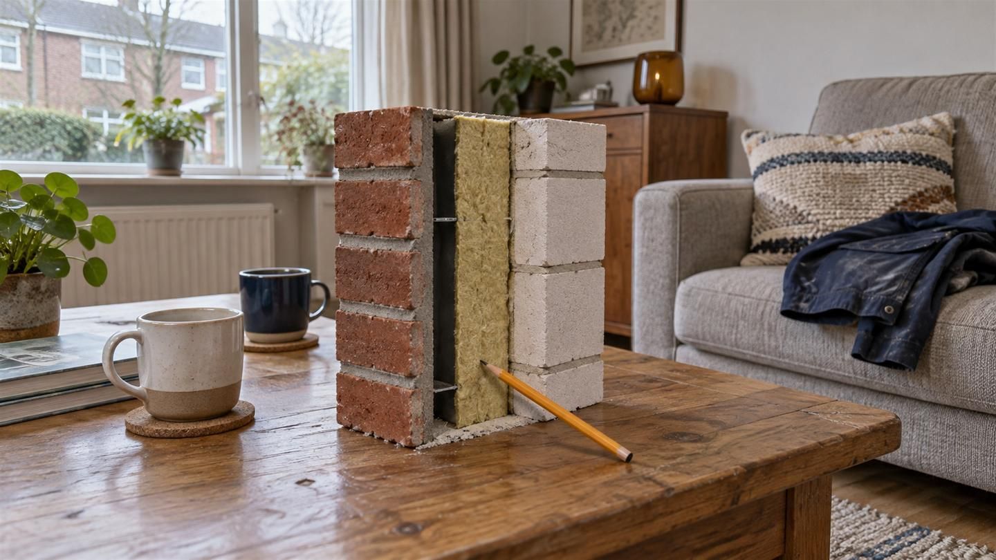 Doorsnede van een spouwmuur met baksteen, isolatieplaat en kalkzandsteen op een salontafel