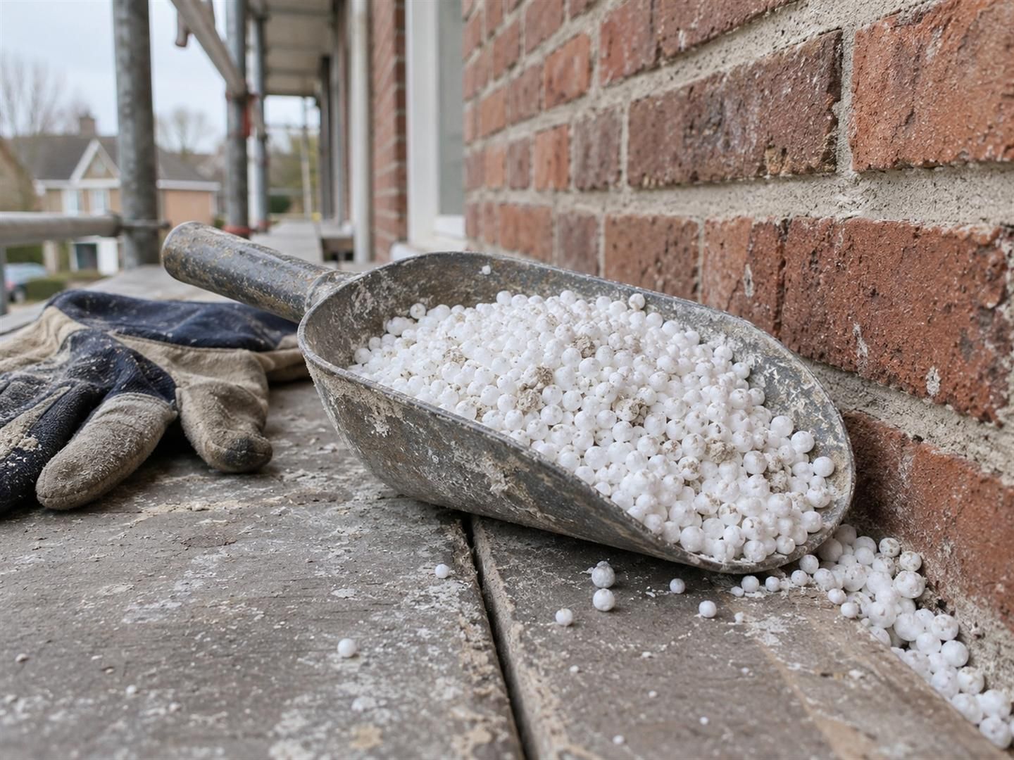 Schepje vol witte isolatieparels op een steigerplank voor een bakstenen gevel, met een werkhandschoen ernaast