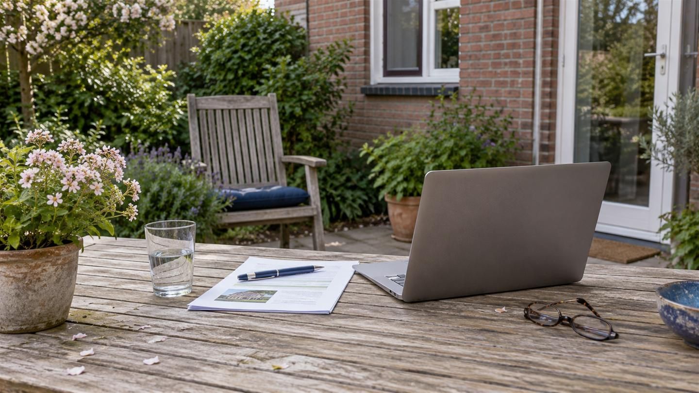 Offerte, laptop, glas water en leesbril op een tuintafel op het terras van een twee-onder-een-kapwoning