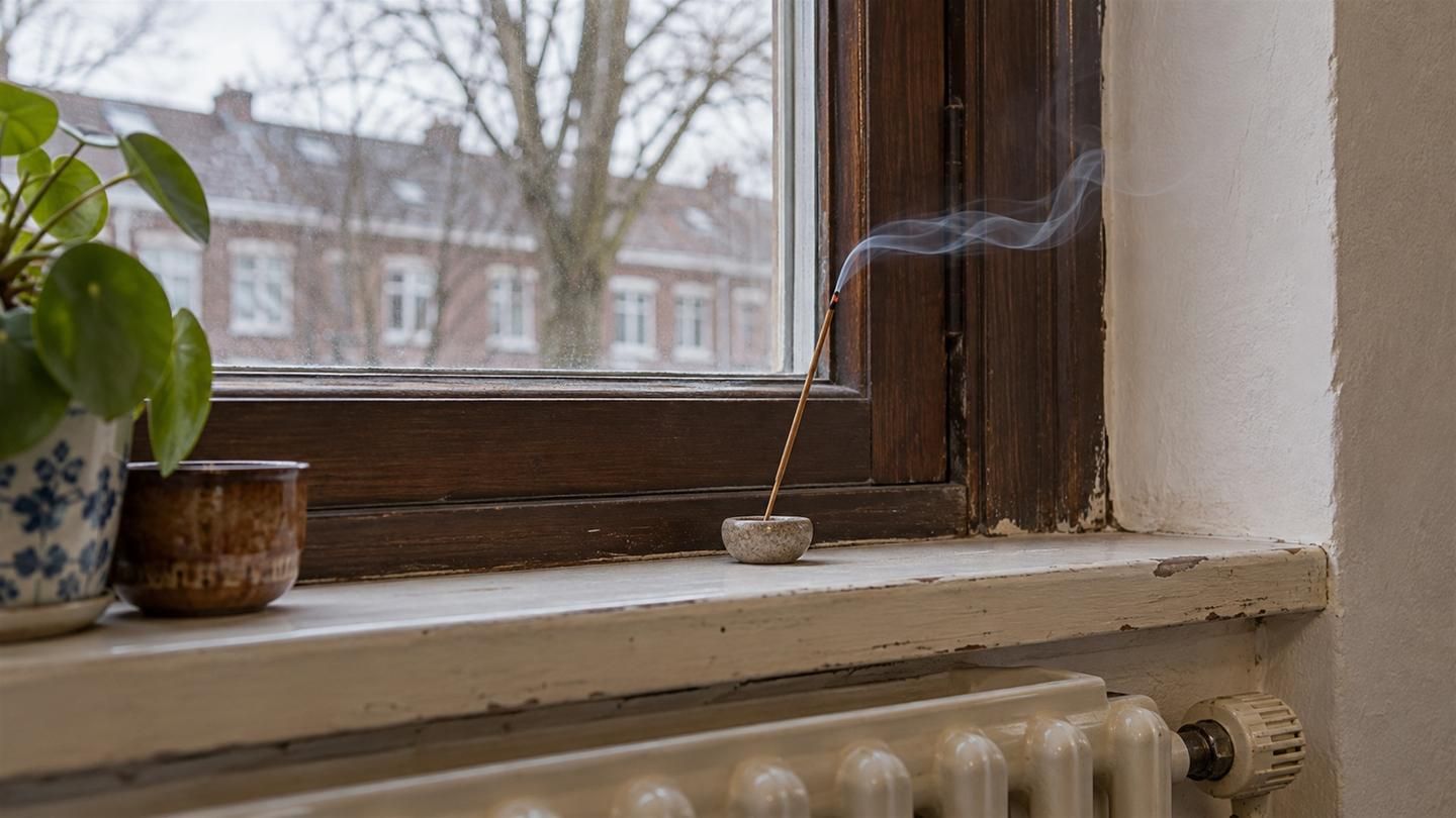 Brandend wierookstokje op de vensterbank bij een raamkozijn; de rook waait opzij waar het tocht