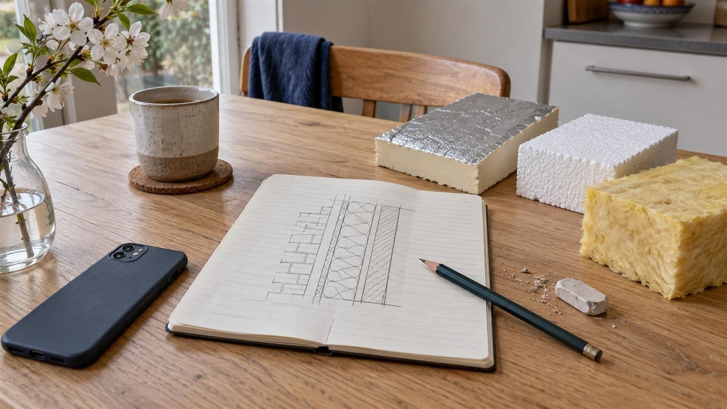 Notitieboek met een potloodschets van een muuropbouw, een telefoon en stukjes PIR, EPS en glaswol op tafel