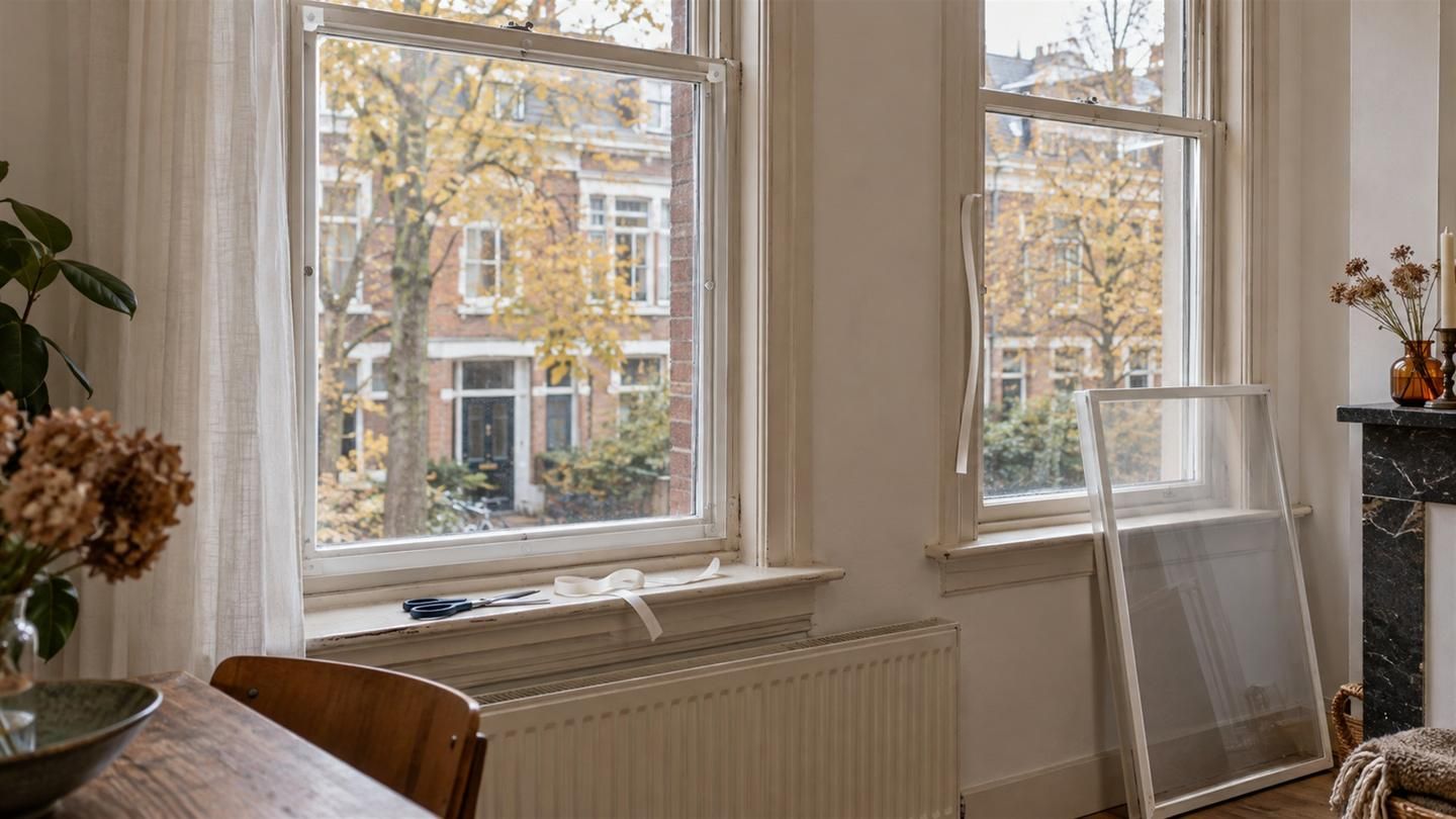 Helder voorzetraam met magneetstrip tegen een oud raam, een tweede voorzetraam staat klaar tegen de muur