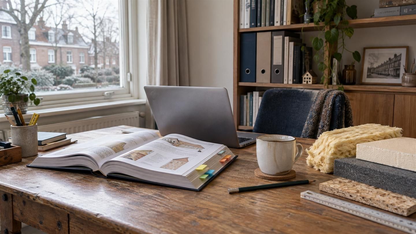Bureau met een opengeslagen technisch naslagwerk, een laptop en stukjes isolatiemateriaal