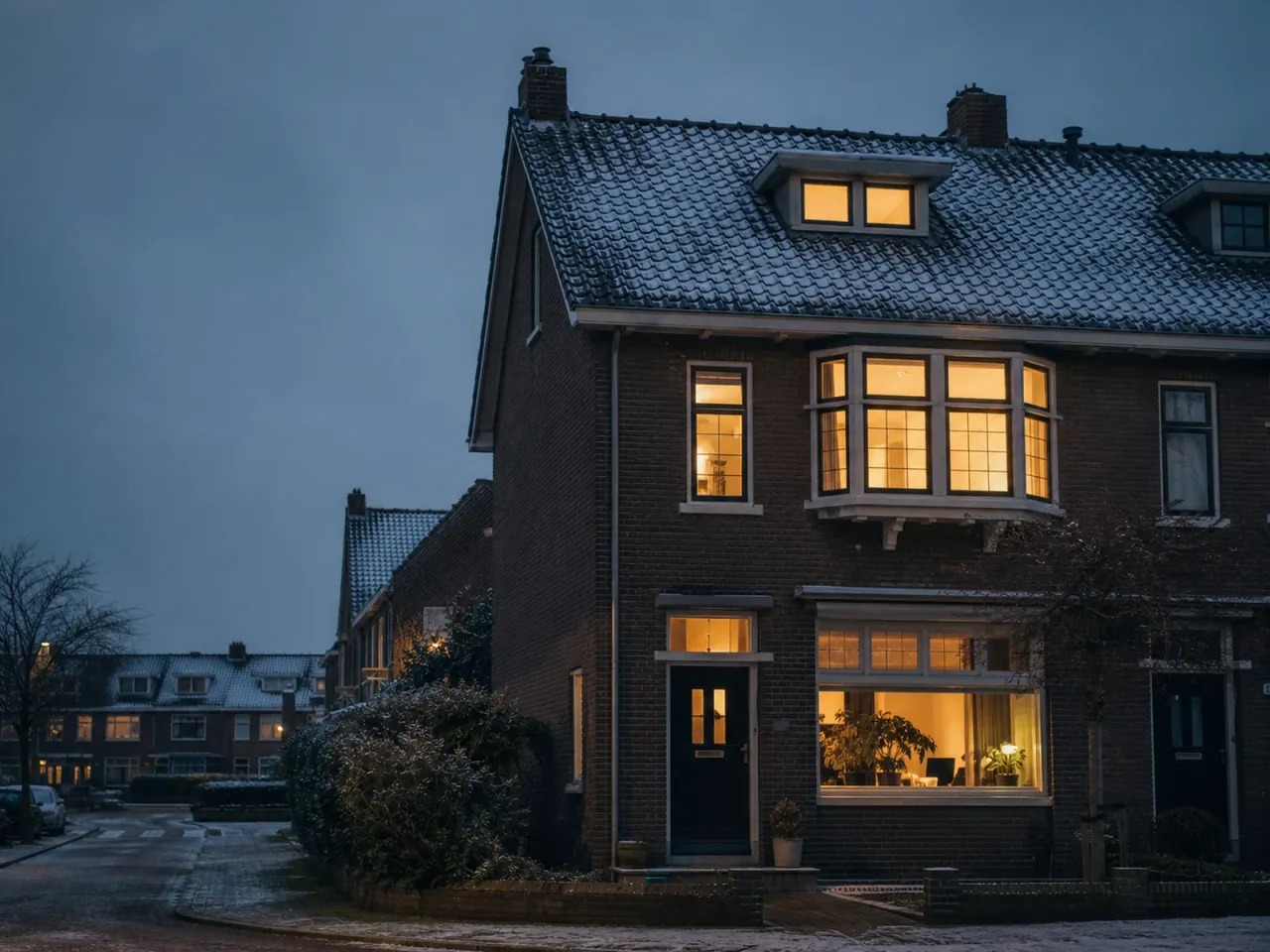 Hoekhuis uit de jaren dertig in de vroege avond, sneeuw op het dak en warm verlichte ramen
